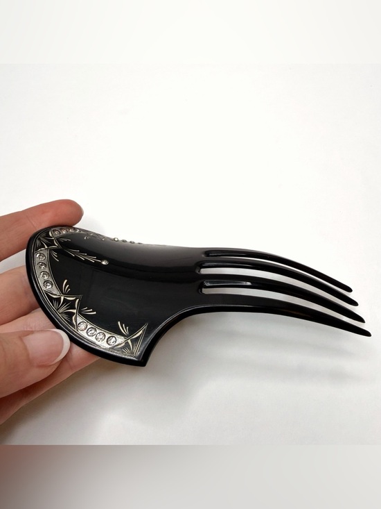 ANTIQUE BLACK BAKELITE HAIR COMB ACCESSORY 5” Rhinestone Engraved Hair Pin 1920s